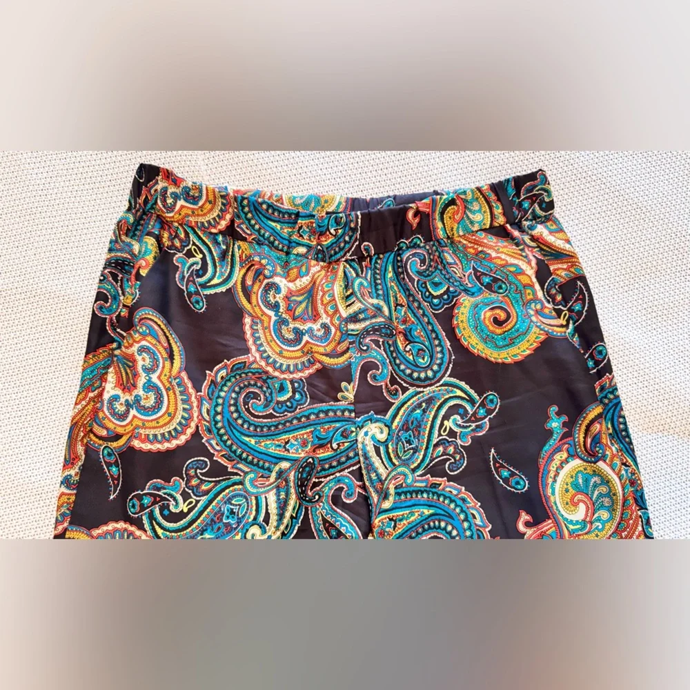 J. CREW 100% Silk Pull-On Pants Black Gold Blue Red Paisley w Pockets